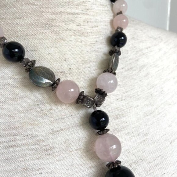 Sterling Silver 925 Rose Quartz Black Onyx Beaded Y Necklace 18.5" 81g Stone - Picture 8 of 16